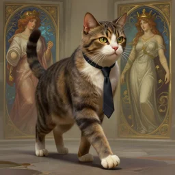 tall cat wearing a tie walking, deep focus, turnaround, highly detailed, digital painting, artstation, concept art, matte, sharp focus, illustration, hearthstone, art by artgerm and greg rutkowski and alphonse mucha.