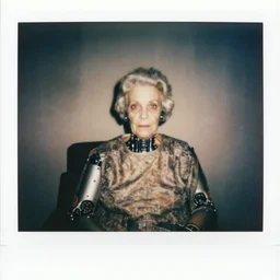 polaroid photo from 1 9 8 0 s of a cyborg grandma