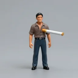 humanoid cigarette holds a miniature human in its mouth