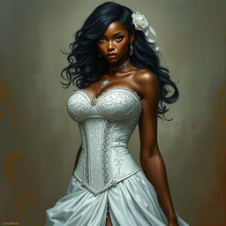 cute black woman wearing a white corset dress, fantasy, intricate, highly detailed, digital painting, artstation, concept art, wallpaper, smooth, sharp focus, illustration, art by artgerm and greg rutkowski and alphonse mucha