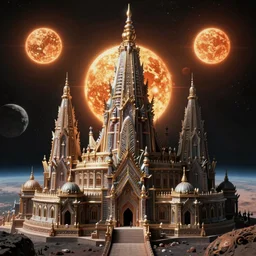 old dslr photo of surreal spiky alien extraterrestrial temple with towers on exoplanet with three suns beautiful detailed intricate insanely detailed 3D render digital art, octane render, 8K artistic photography, photorealistic, harsh flash