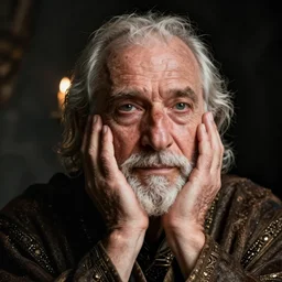 portrait of an old, medieval alchemist in the dark. close up, his palms on his cheek, studio lighting bright ambient lighting key light, fantasy, detailed, photorealistic portrait by michael komarck, greg rutkowski, victo ngai, artgerm and j. dickenson