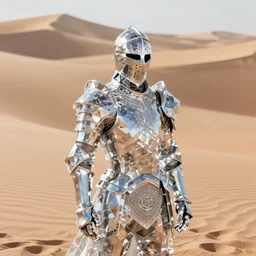 a knight in crystal armor in the desert surrounded by sand dunes, greg rutkowski, 8 k, shallow depth of field, intricate detail, concept art,
