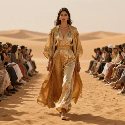 fashion catwalk rendering in sahara, octane render, redshift, 8 k, cinematic lighting, movie still