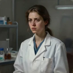 dramatic dark painting digital art of brown hair female scientist wearing white lab coat, looking concerned