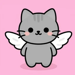 cute grey cat holding wingman, comic style, video game, pink background, no letters