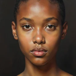 detailed portrait in femininity, realistic face sculpted features, melanin, exotic, clear eyes, statuesque, feline, warm glowing skin, chiaroscuro, tangible, peach fuzz, angular impressionism, deep ambient backdrop, contemporary, modern fashion, natural colors, greg rutkowski and gaston bussiere and craig mullins and j. c. leyendecker
