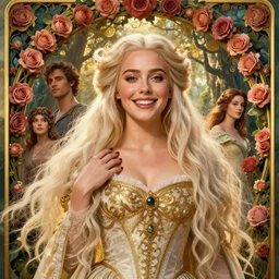 new art nouveau closeup portrait of fantasy flower vargas princess happy flirty emilia clarke wearing a royal dress in an magic forest, anna dittmann, golden hour, pale skin, patrick nagle!!!, glamorous pose, charlie bowater and loish. long windblown platinum blonde hair, ultrasharp focus, dramatic lighting, rose arches, octane, matte painting, intricate, d & d, poster