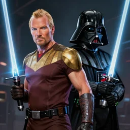 a hyper real comic book style portait painting of captain picard and darth vader with the light sword, unreal 5, hyperrealistic, octane render, cosplay, rpg portrait, dynamic lighting