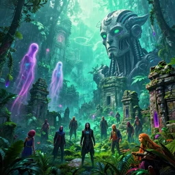 mystical ghostly spectres and giant biomechanical head over stone temple ruins in lush rainforest mountaintops, synthwave, bright neon colors, highly detailed, cinematic, tim white, vladimir kush, philippe druillet, roger dean, bob eggleton, michael whelan, boris vallejo, alfred kelsner, kubrick, jaroslaw jasnikowski