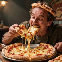 Papa John eating the cheesiest pizza ever, dripping with cheese and sauce, he sweats pizza grease as he falls into a pizza coma and fights off pizza demons in his head, digital art