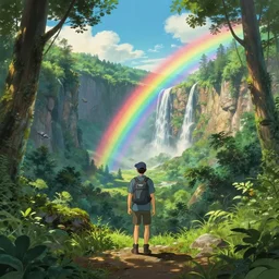 a rainbow over a beautiful jurassic era valley, waterfalls, sunny, astonishing view! dream a man with a baseball hat hiking through a deep lush forest space ship pilot in the style of studio ghibli, j. c. leyendecker, greg rutkowski, artem