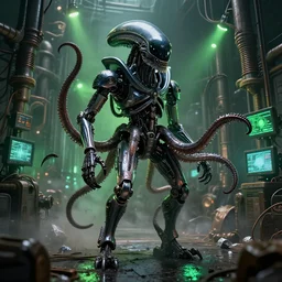 7 0 mm portrait of a wet black metallic chrome mass effect borg robotic cthulhu lovecraft octopus terminator xenomorph alien in a science fiction steampunk tesla coil hyper dimensional fusion robot factory, pipes, wires, dramatic lighting, monitors, octane, green lights, lens flare, industrial, dirty, wet floors, trash, trending on artstation, golden ratio, mist, action, volumetric lighting