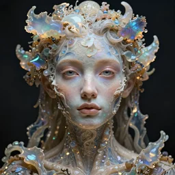 a beautiful portrait of organic humanoid | one character | front close - up face | looking straight ahead | front, full body, volumetric, symetrical close up, ethreal, octane render, ultra details, opals, by peter mohrbacher, zaha hadi