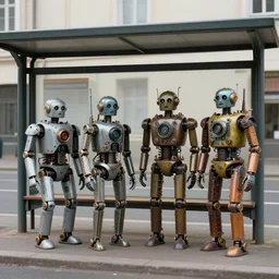 steampunk robots waiting at a bus stop by otto dix