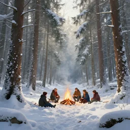 snowy forest clearance with sunrays shining through the trees and some people sitting around a small camp fire, fantasy world, masterpiece, professionally retouched, soft lighting, digital painting, artstation, concept art, smooth, sharp focus, illustration, unreal engine 5, 8 k, art by artgerm and greg rutkowski and alphonse mucha