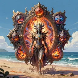 fantasycore, eldritch, psychic, elemental masterpiece 8k resolution Behance HD scrollwork magic fire zBrush Central contest winner, cel-shaded beach by bruce pennington
