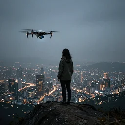 a woman standing on top of a mountain overlooking a glowing city below with a drone flying beside her, camera obscura, photography, realistic, technology, dark, gloomy, misty, ethereal, 4k,