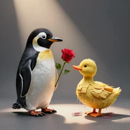a penguin made of teeth giving a rose to duck made of dripping paperclips