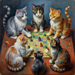 intricate five cats playing d & d by pablo picasso, oil on canvas, hdr, high detail, photo realistic, hyperrealism, matte finish, high contrast, 3 d depth, centered, masterpiece, vivid and vibrant colors, enhanced light effect, enhanced eye detail, artstationhd