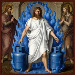 hank hill wearing a white toga as the god of propane surrounded by blue fire and blue flames, renaissance religious painting, late gothic religious paintings, byzantine religious art, painting by duccio di buoninsegna and carlo crivelli, trending on artstation