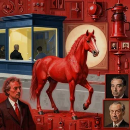 a red horse, in the style of beksinski, parts by edward hopper, parts by rodcenko, parts by yue minjun, intricate and epic composition, red by caravaggio, insanely quality, highly detailed, masterpiece, red light, artstation, 4 k