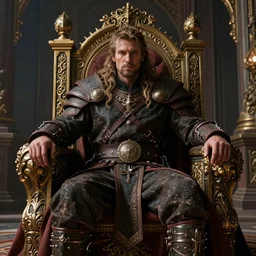 the elder scrolls vi, charismatic rugged battle scarred regal human male jarl, portrait, exquisitely designed throne room, atmospheric lighting, painted, intricate, volumetric lighting, beautiful, daytime, sunny weather, slight overcast, sharp focus, deep colours, ultra detailed, by leesha hannigan, ross tran, thierry doizon, kai carpenter, ignacio fernandez rios