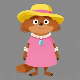 detailed flat 2 d : marten character : wearing jewelry wearing pink dress wearing yellow hat : head torso legs feet : lorax movie : artstation