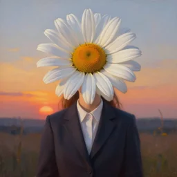enlarged daisy flower as a head, frontal, a girl in a suit, surreal photography, sunrise, dramatic light, impressionist painting, digital painting, artstation, simon stalenhag