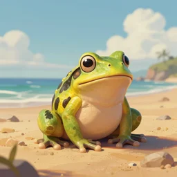 a yellow and black frog sitting on top of a sandy beach, a digital painting by Cyril Rolando, cgsociety, fantasy art, behance hd, 2d game art, rendered in maya