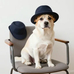 photo of a dog seating on a chair with a hat on next to a table with a cup of coffee in a room on fire
