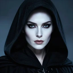 closeup portrait, beautiful woman dark lord of the sith wearing a black hooded jedi cloak, white skin, dark eyes, craig mullins, rim light, volumetric lighting, concept art, smooth, sharp focus, arney freytag, glamour pose, soft ambient lighting,, iso 4 0 0, 6 2 mm,