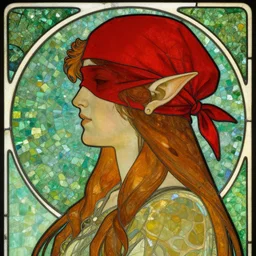 beautiful and detailed portrait of a iorveth, profile view, side view, scoia'tael leader, red cap, red bandana covering one eye, elf ear, stained glass art, by alphonse mucha, green mosaic background, very masterful