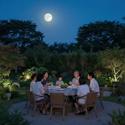 an asian outdoor garden, family sitting at dining table center frames, full moon on the sky, the night is late, by andreas achenbach, artgerm, mikko lagerstedt, zack snyder, tokujin yoshioka