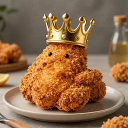 breaded chicken wearing a crown, hyper realistic, 4k