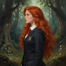 side portrait cute female, magic school uniform, fantasy forest landscape, dnd fantasy magic, long red hair, cinematic rim light, intricate, elegant, sharp focus, illustration, highly detailed, digital painting, concept art, matte, art by wlop and artgerm and greg rutkowski and alphonse mucha, masterpiece