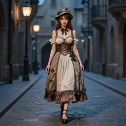 full body portrait photo of reol wearing a elegant pleated steampunk dress, open top, wearing a cute hat, walking down a medieval street, exterior, streetlamps, dim studio lighting, ( ( photograph ) ), moody, realistic, detailed, low light, skin tinted a warm tone, light blue filter,