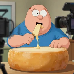peter griffin eating a large wheel of cheese, dslr, photorealistic, natural lighting,