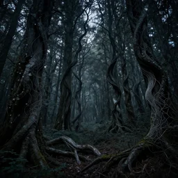 dreaded twisted scary forest repaired with japanese kintsugi art, twilight, eerie, dark colors, 8 k hd, very detailed, high quality