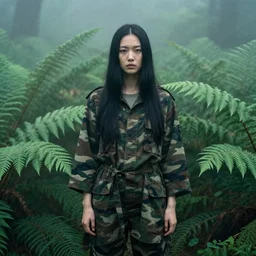 a female model with long black hair, emerging from a dense misty forest of fern leaves wearing camouflage by yohji yamamoto, in the style of daido moriyama, double exposure