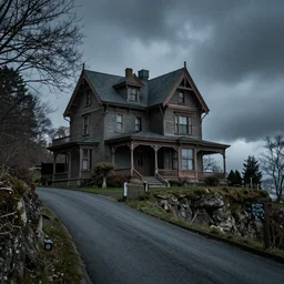 a haunted victorian mansion on a cliffside, road leading up to the house