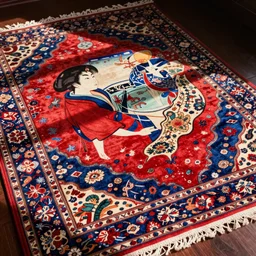 The brightly colored Persian carpets depict Japanese ukiyo-e designs.