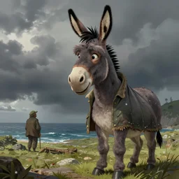 donkey Eeyore looking as fisherman in old storm jacket, cartoon, digital painting, artstation, concept art, sharp focus, illustration, art by Josh kirby and John romita jr and moebius