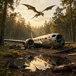 war torn battlefield outside of a forest, crashed plane, dragon flies overhead, golden hour, ray tracing reflection, 8k, hyper realistic, insainly detailed, hdr, octan render,