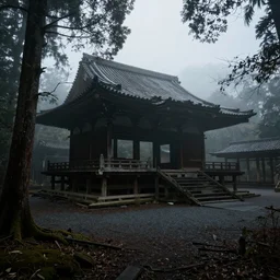 japanese abandoned temple in the woods, dark, moody, foggy by Marc Simonetti