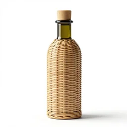 wicker olive oil bottle, clean 3d render, octane render, isolated on a pure white background, centered, entire object in frame, sharp focus, soft studio lighting