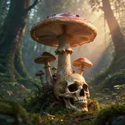 a beautiful render of an alien mushroom growing out of a human a skull in a rainforest, sunset lighting, intricate detail, hazy, humid, volumetric lighting, god rays, 8 k, photorealistic, raytracing effects, unreal engine 5