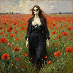 a female death walking in a field of red poppies by george frederick watts, oil on canvas, 1 8 9 3