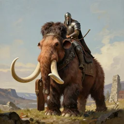 ancient mammoth rider, wearing norse armor, beksinski