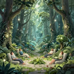 high depth, collective civilization forest, calm, healing, resting, life, hybrids, scifi, glowing lights!!, published concept art, mixed medias, image overlays, sharp focus, thin glowing wires, winning illustration, art by greg rutkowski and alphonse mucha, singularity!!!, 3 6 0 projection